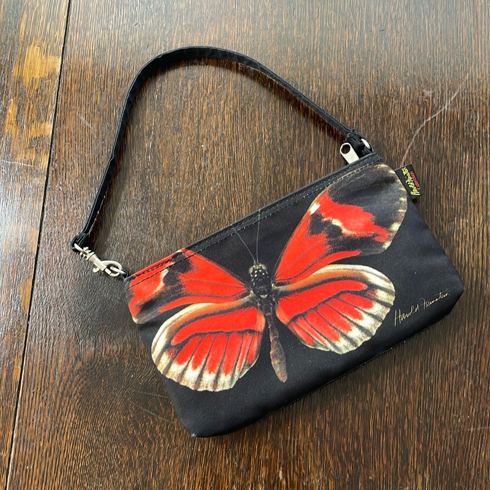 Harold Feinstein Collection, black wristlet/clutch w bold red butterfly